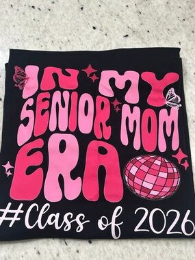 Gildan Black Short Sleeve Tee with Pink Graphic "In My Senior Mom Era"